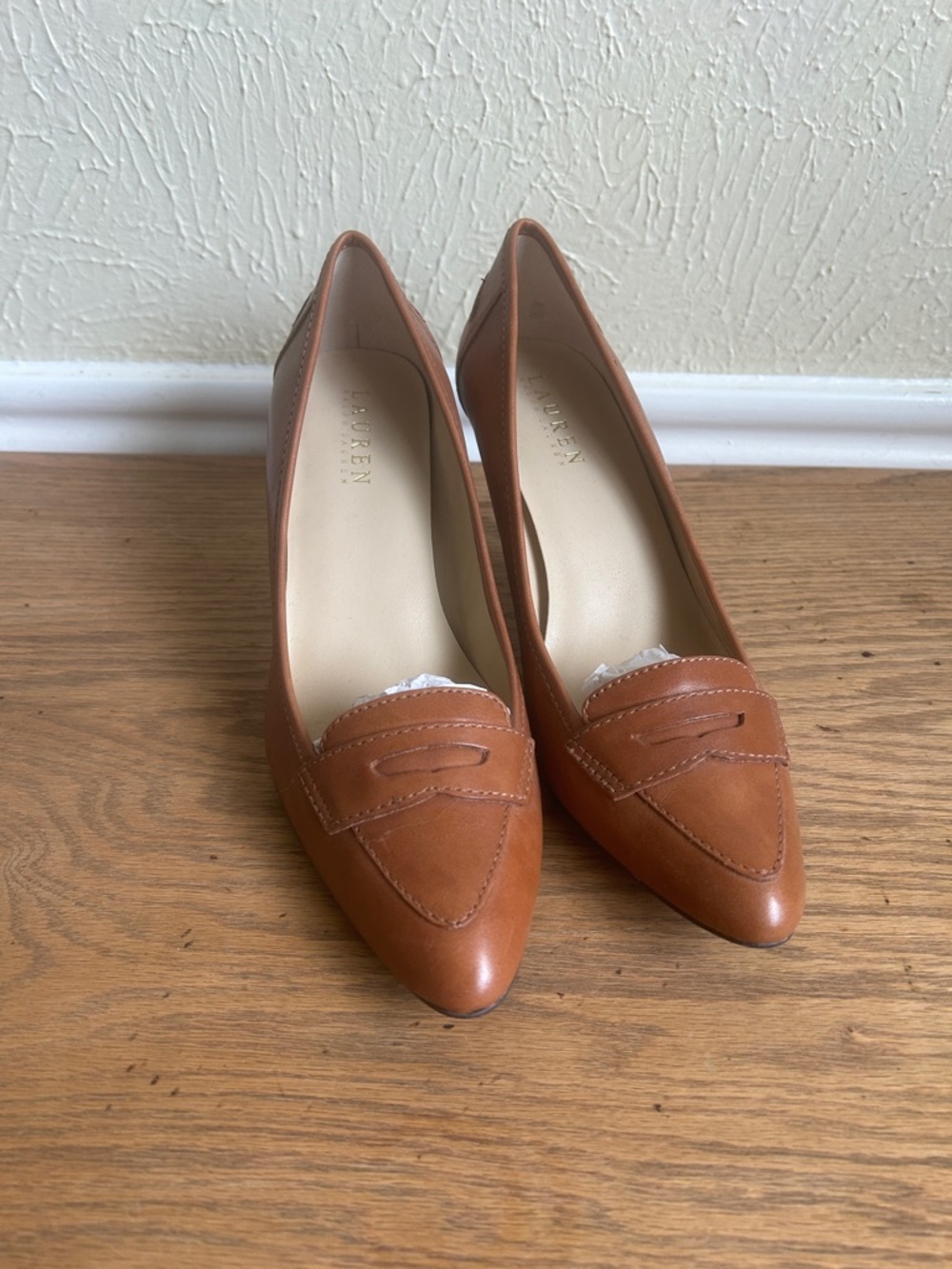 Lauren Ralph Lauren Cognac Leather Pointed Penny Loafer Heels